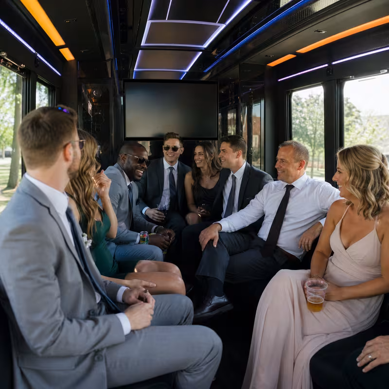 Wedding guests seated inside a Fort Wayne party bus
