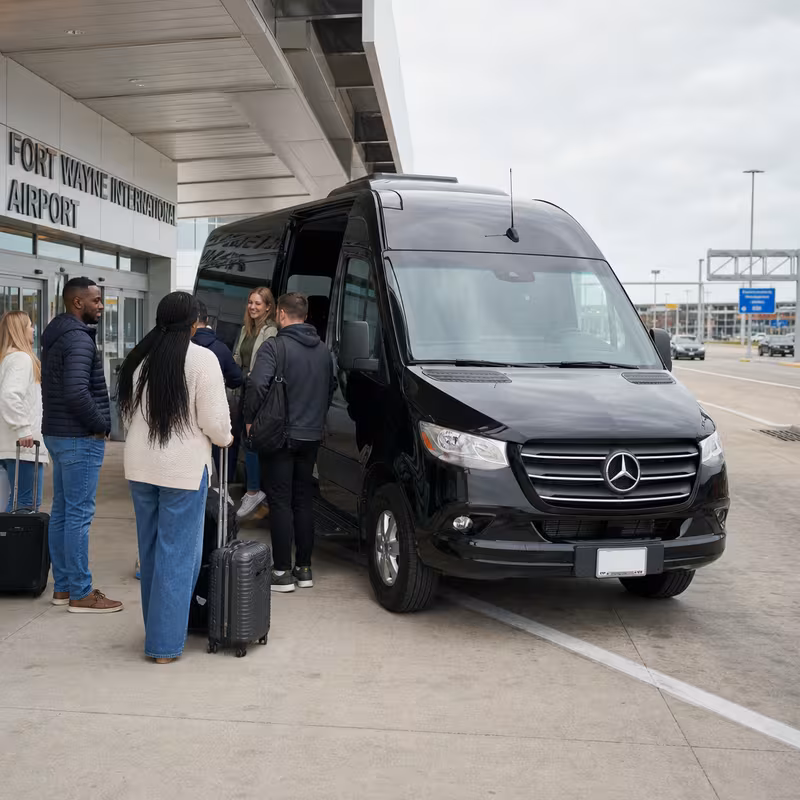 Group boarding a white charter bus for Airport Transportation transportation in Fort Wayne