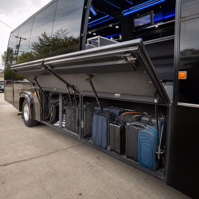 Party bus interior with wraparound leather seating and LED lighting in Fort Wayne