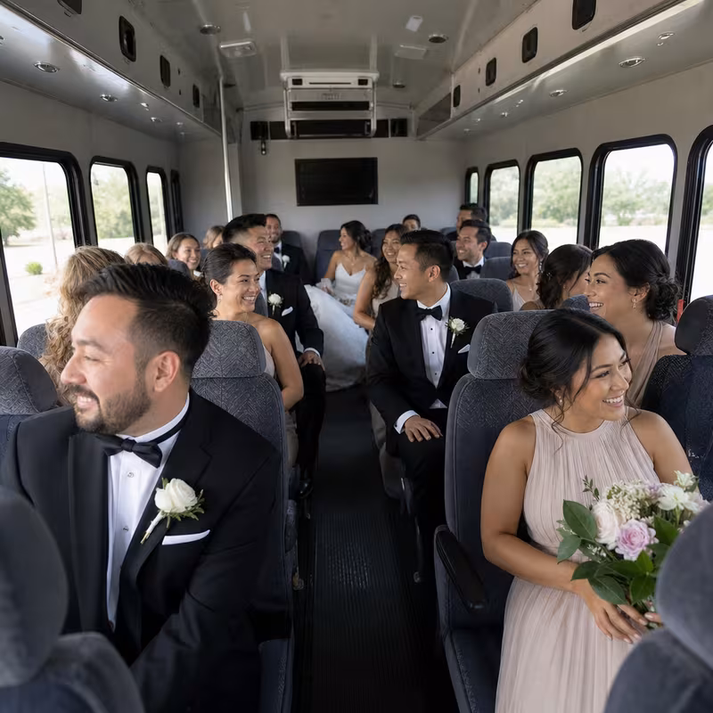 Group boarding a white charter bus for Wedding Transportation transportation in Fort Wayne