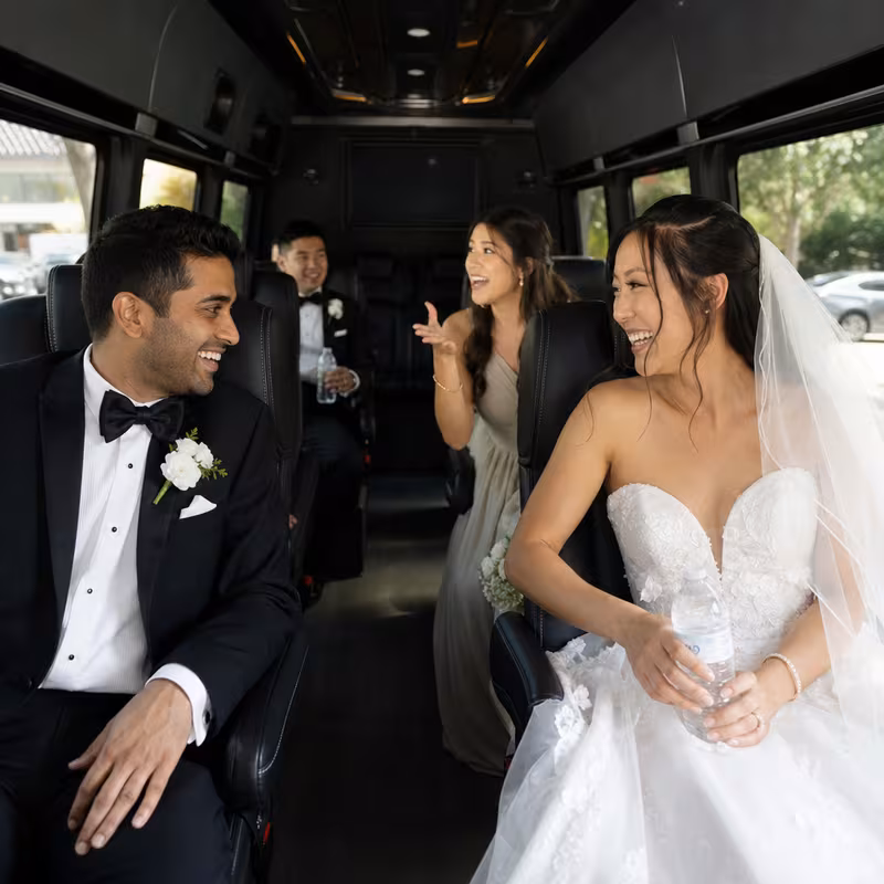 Black Mercedes Sprinter van staged for an Fort Wayne Wedding Transportation group